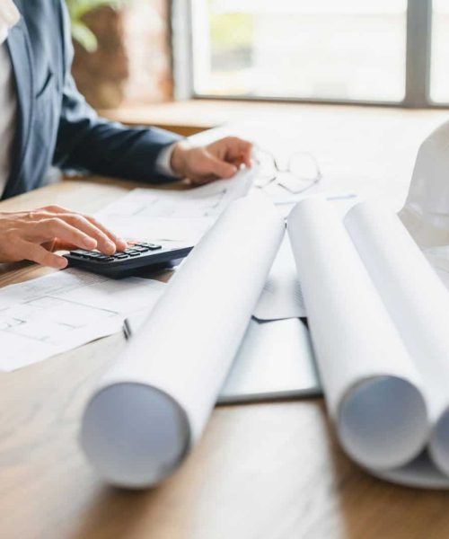 Blueprints, inspection in workplace architectural plan, construction project. Construction industry